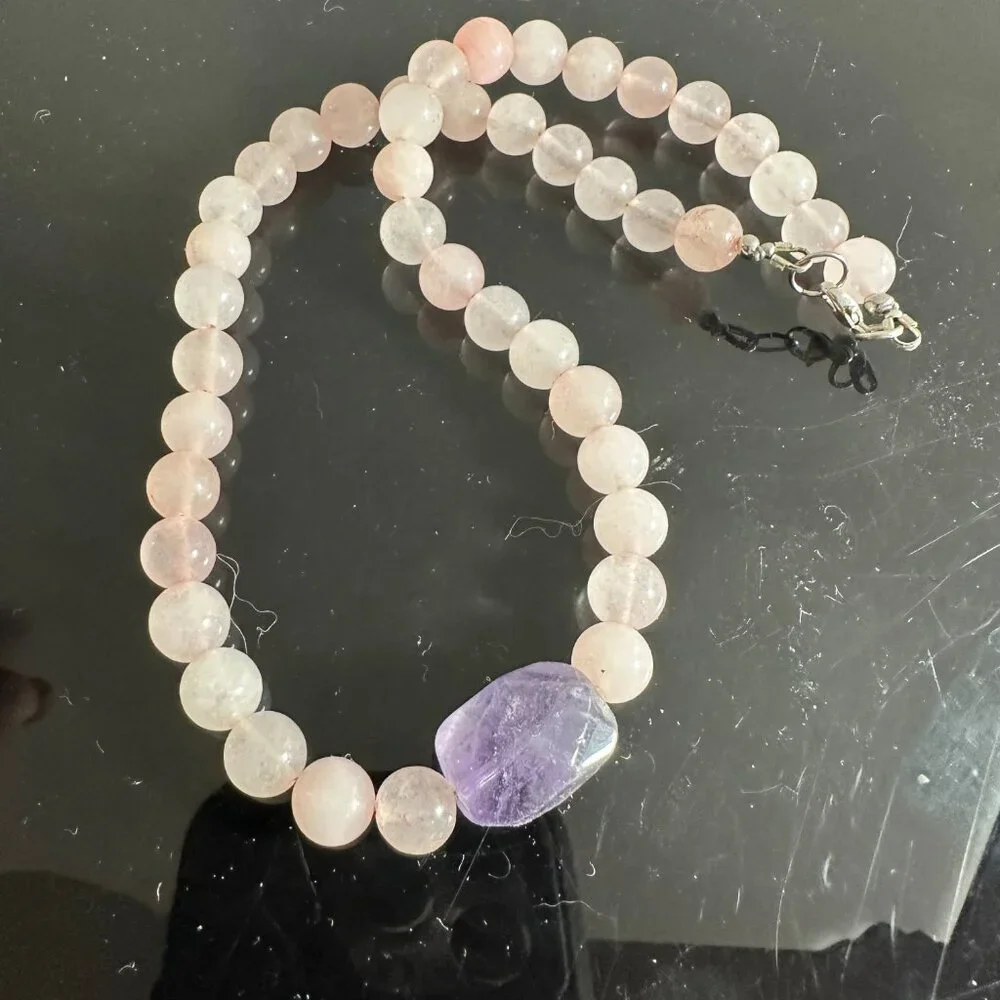 Genuine Amethyst Rose Quartz Necklace Choker Gift Natural Bohemian Hippie Purple - Picture 10 of 11
